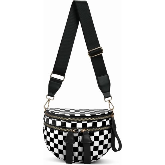 Bum Bag Checkered Crossbody Bags for Women Nylon Double Pockets Checkerboard Fanny Pack Fashion Sling Bag
