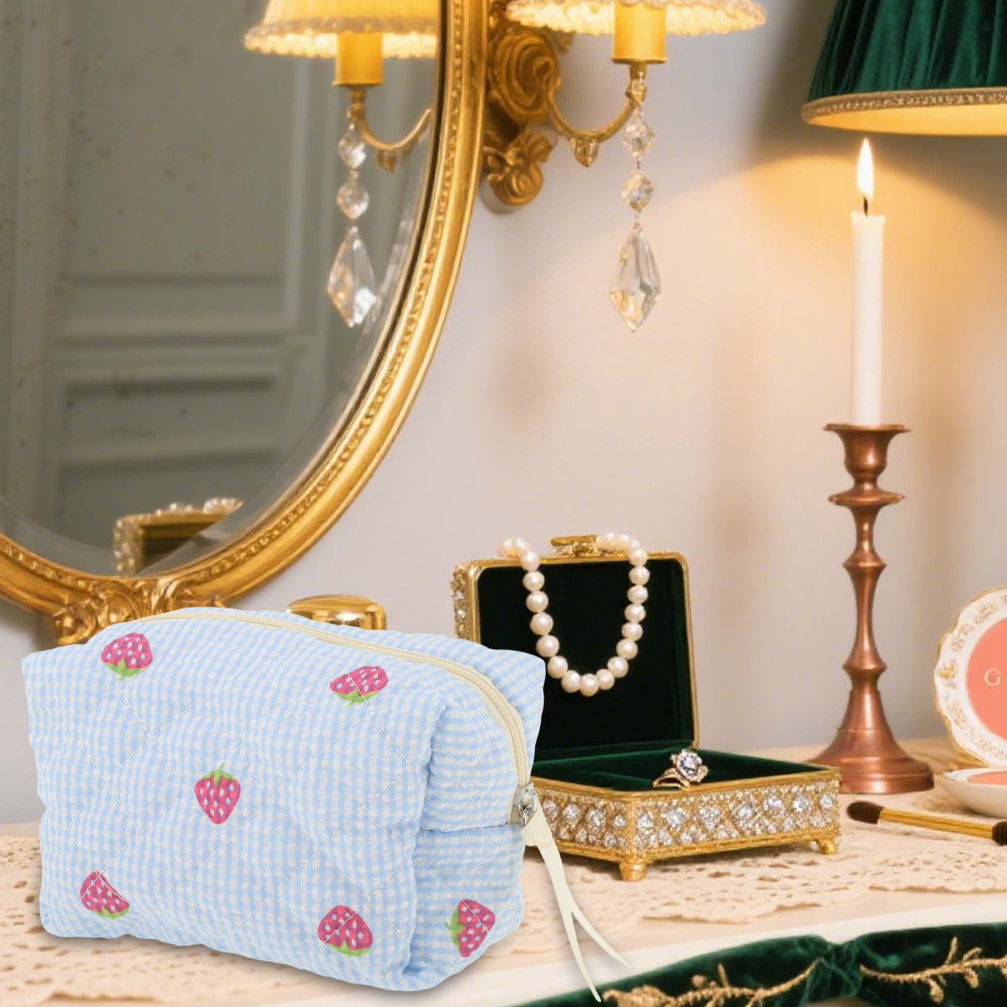 Unique Bargains 1 Pc Strawberry Makeup Bag Blue [Quilted Stripe Strawberry Square]