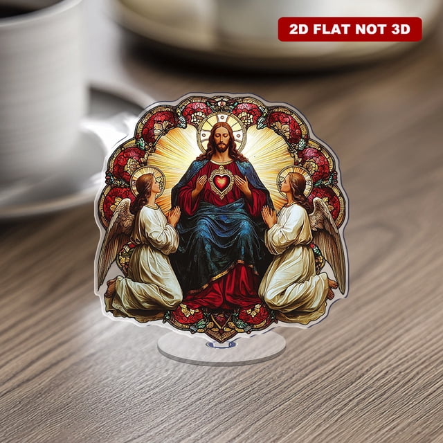 Ornement Acrylique Rotatif avec Jésus en robes Rouges et Bleues Profondes avec halo Lumineux et Anges à Genoux en robes Blanches Lumineuses