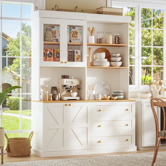71" Tall Farmhouse Pantry Cabinet,Freestanding Coffee Bar Hutch With Adjustable Shelves,Large Storage,For Home Office,Dining Room,Living Room,White,2 Pcs