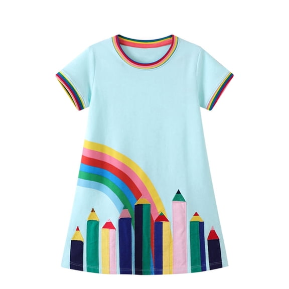 Likimi Kids Girls Dresses Casual Short Sleeve Round Neck Cartoon Pencil Print Girl Dress Spring Summer Sizes 1-2 Years Blue