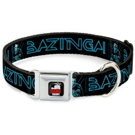 The Big Bang Theory Pet Collar, Dog Collar Metal Seatbelt Buckle, Sheldon Bazinga Black Blue Glow, 15 to 24 Inches 1.0 Inch Wide