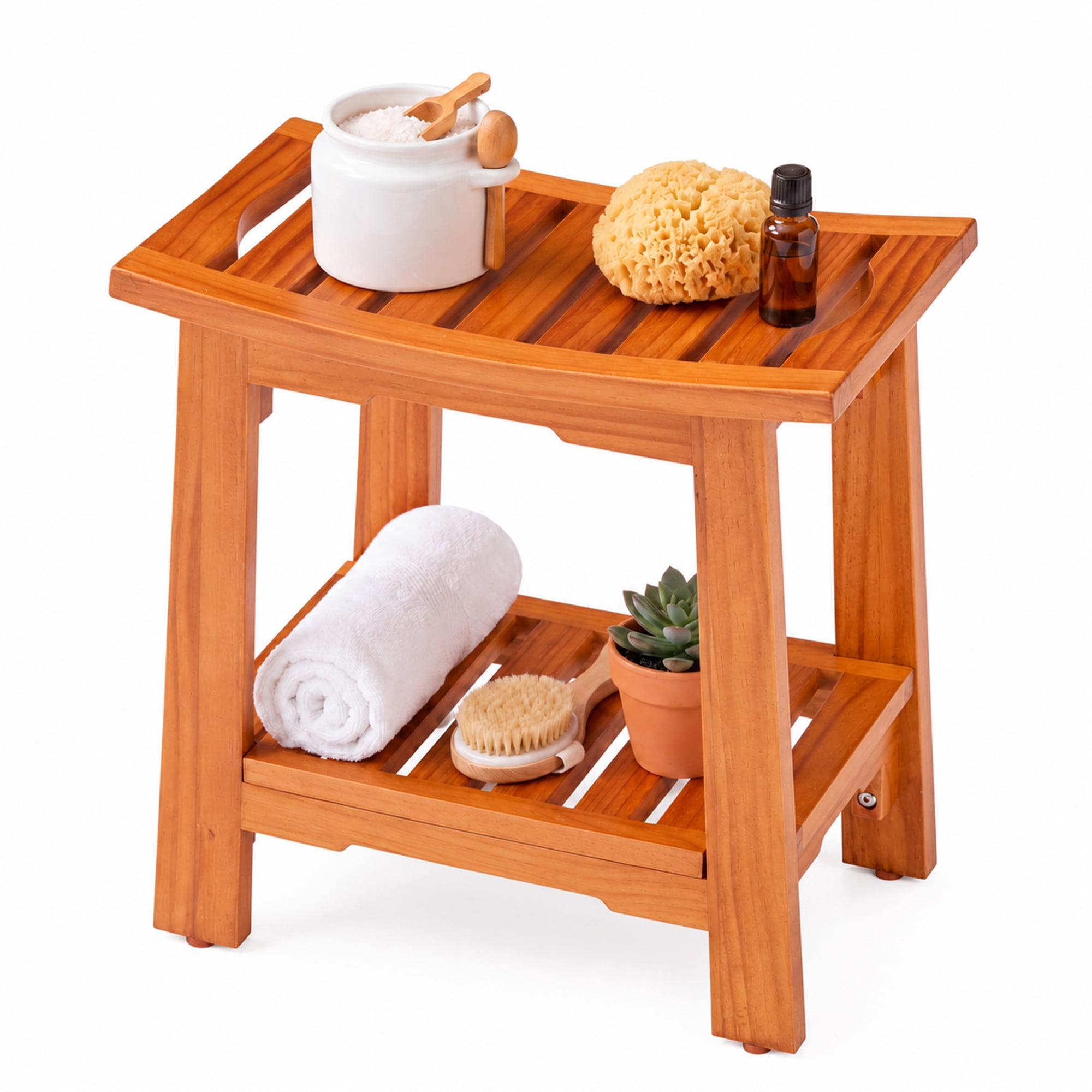 SHOUFTW 14 inch Teak Shower Bench, Spa Bath Stool with Adjustable Non-Slip Seat, Wooden Shower Chair for Seniors, Bathroom, Tub & Outdoor Use