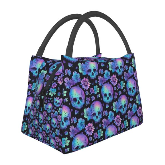 Vsdgher blue daisy Skull flower Print Insulated Reusable Bags with Sturdy Zipper and Handles, Foldable Totes for Hot or Cold Food Bring or Delivery