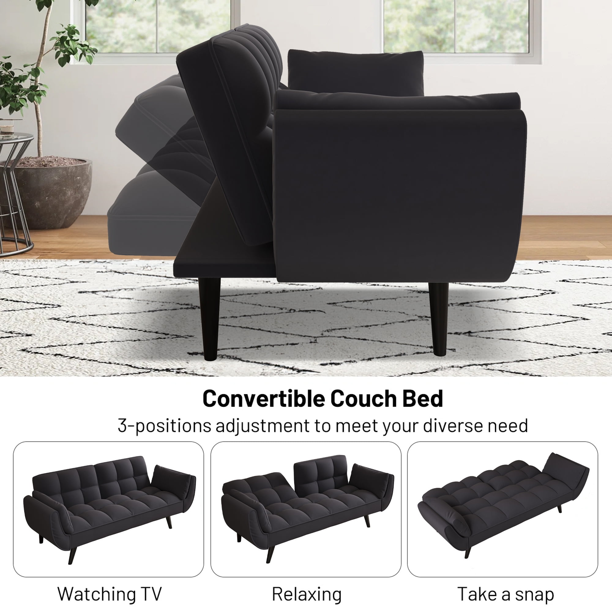 Aukfa 75" Flared Arm Futon Convertible Sofa Bed, Velvet Sleeper Couch for Home Office, Black