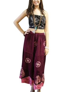 Mogul Women's Bohemian Maxi Skirt Maroon Batik Embroidered Long Comfy Boho Hippy Skirts S