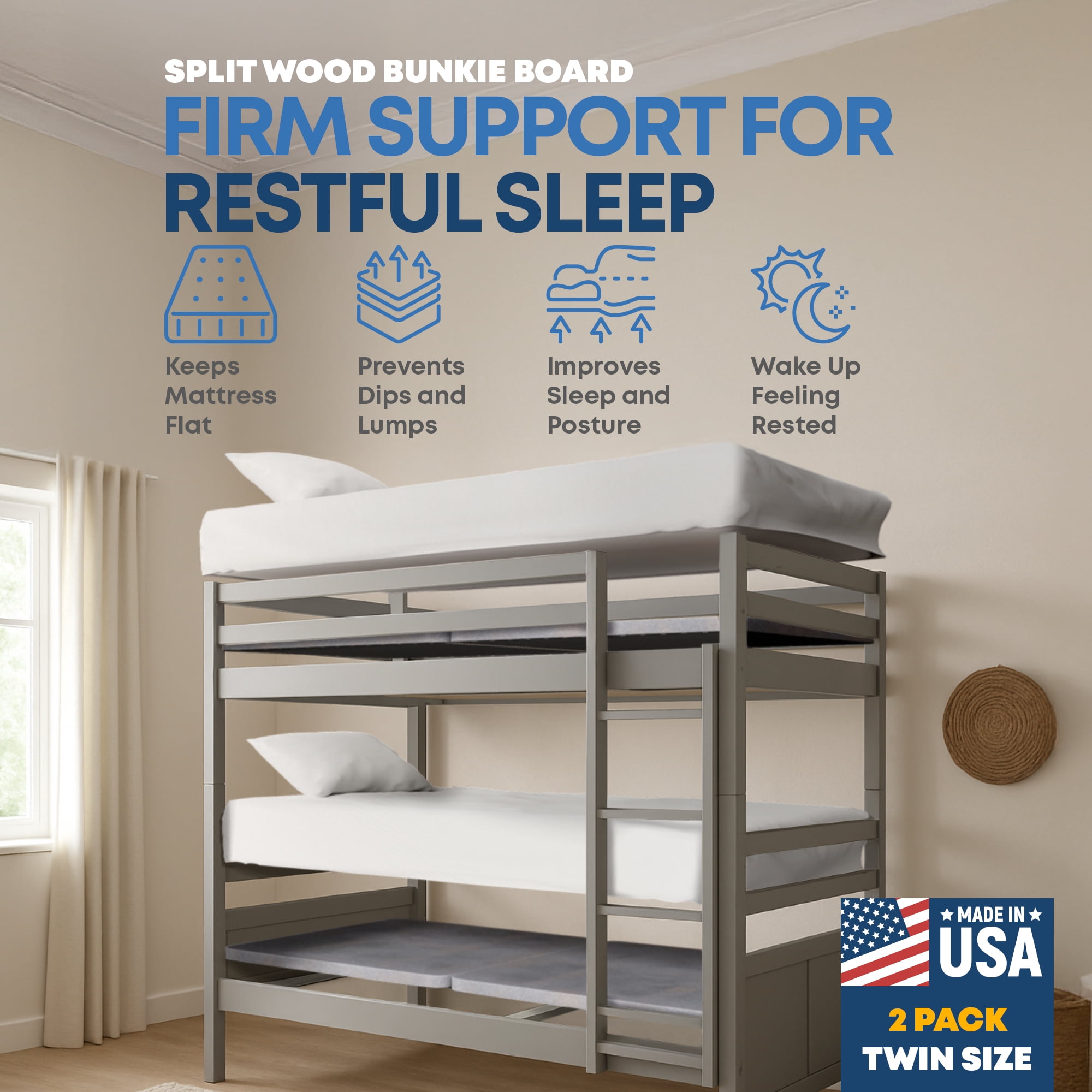 Continental Sleep, 38MM  Wood Bunkie Board for Twin Size Bed - Under Mattress Support Board, Fully Assembled, Fabric Ventilation Cover - Replaces Wooden Slats or Box Spring for Bed Frames(Set Of 2)