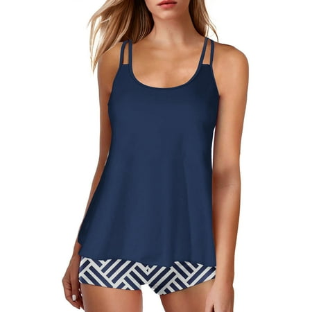 Rigardu Hot Sale!! Flowy Tankini Bathing Suits for Women Tummy Control Swimsuits Two Piece Swimwear Tank Top with Boyshorts Women s Slimming and Shielding Two Swimsuit for Women with Straps Blue L