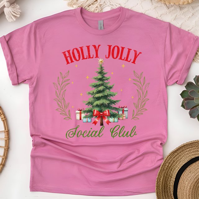 Holly Jolly Social Club T-Shirt | Christmas Tree Graphic Tee, Heliconia, Size M