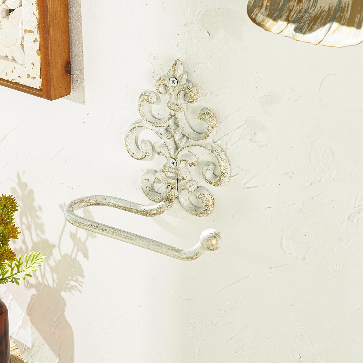Sungmor Vintage Cast Iron Toilet Paper Holder - Wall Mounted Rustic Bathroom Tissue Holder with White & Gold Finish, Decorative Accent for Farmhouse, Victorian Décor, Heavy Duty Metal Scroll Design