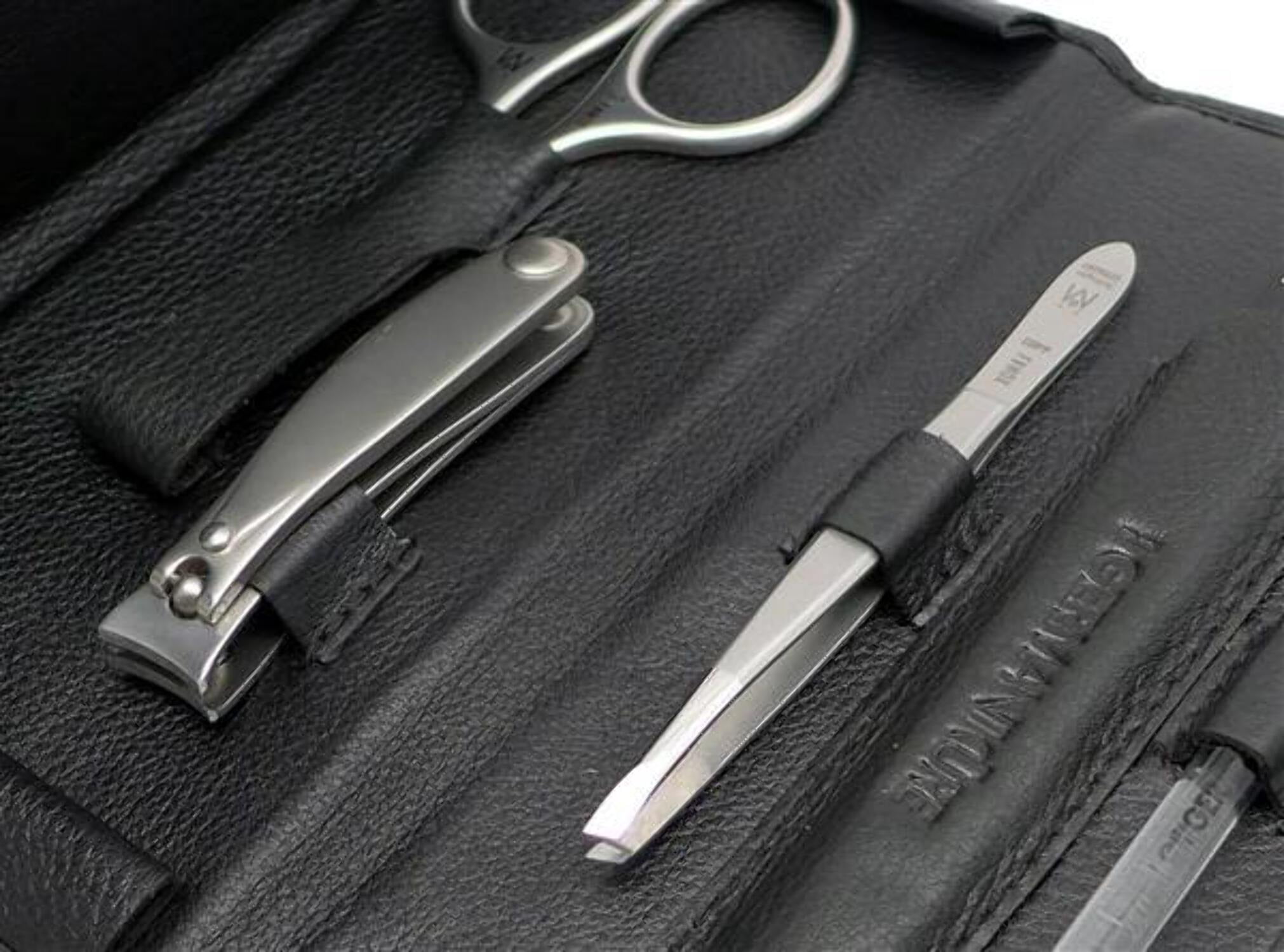 5pcs Travel Manicure Nail Kit German FINOX® Surgical Stainless Steel: Clippers, Scissors, Tweezers, Glass Nails File and Stick