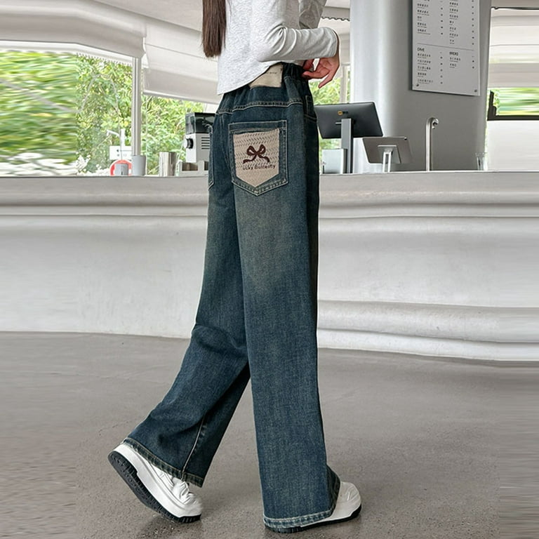 MIASHUI Girls Denim Pants Simple Jeans Straight Wide Leg Trousers
