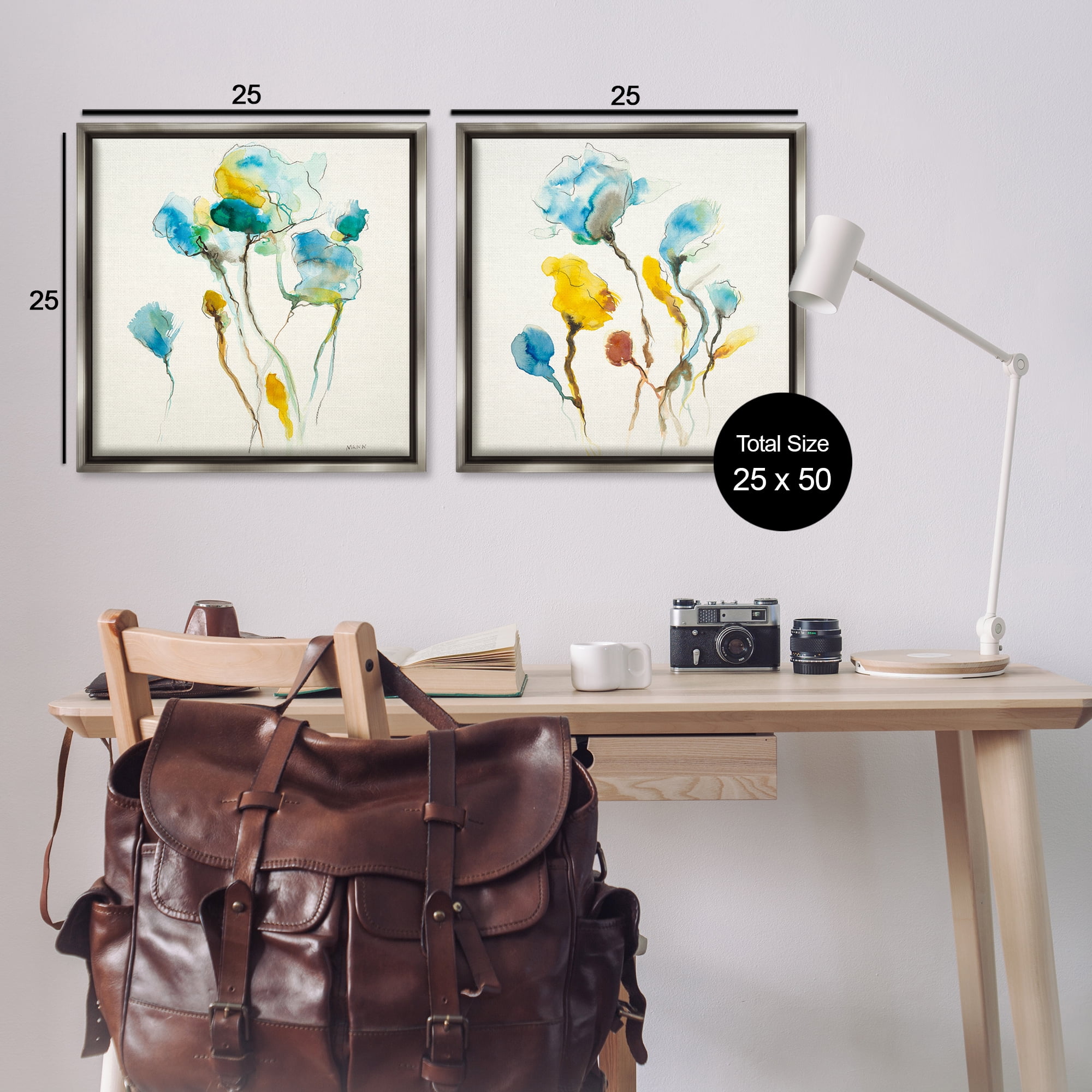 Stupell Industries Watercolor Teal & Yellow Flowers Abstract Painting Gray Floater Framed Canvas Art Print Wall Art, 25 x 25, Set of 2