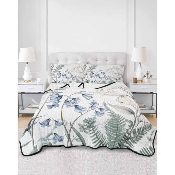 Quilts King Size, Blue Beige Floral Soft Comforter Bedding Set for Bed, Farmhouse Botanical Lightweight Quilted Bedspread with Pillow Cover(2 Pieces) for All Season, 96x106 Inch