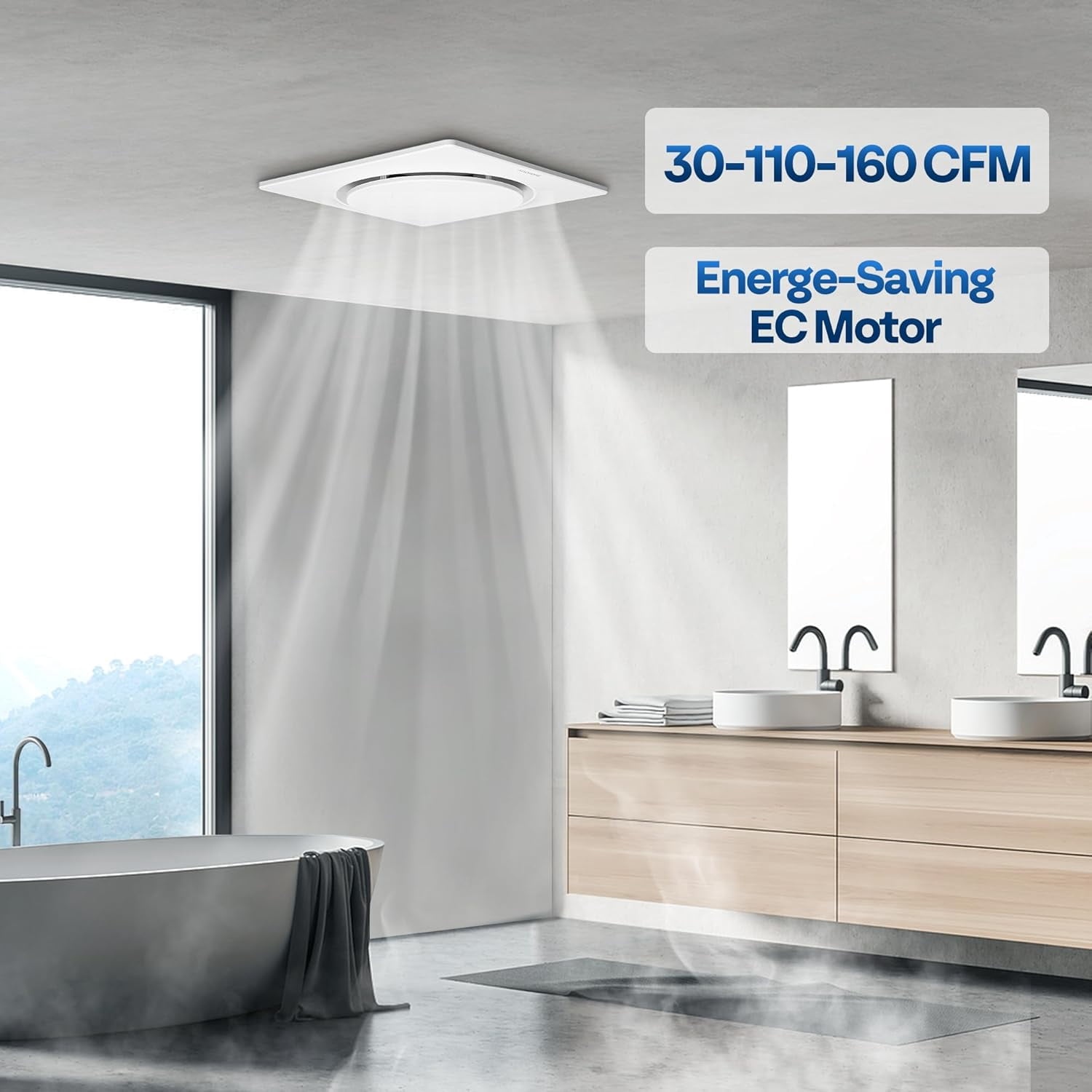 AutoFlow Bathroom Fan with Humidity Sensor, 30-160 CFM EC Motor, 10.2" Retrofit Kit & 4" Duct Included