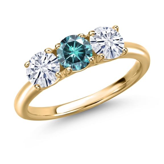 Gem Stone King 10K Yellow Gold Blue Moissanite and White Moissanite Engagement Ring for Women | 1.50 Cttw | Round 5MM | Gemstone Birthstone | Size 5