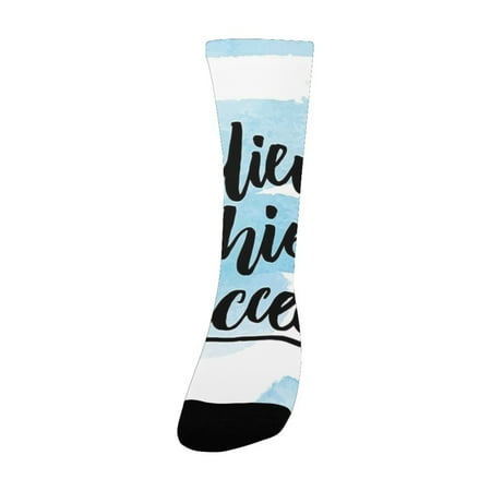 

Inspirational Quotes Believe Achieve Succeed Positive Challenging Saying Brush Lettering Light Blue Women s Custom Socks (Made In USA)