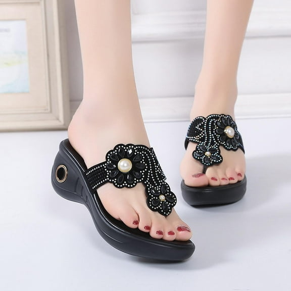 AXXD Women's Sandals Dressy Black Flip Flop Wedge Summer Beach Rhinestone Boho Mothers Day
