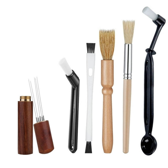 Agiferg Coffee Machine Cleaning Brush Set with 6 pieces, including wooden and nylon brushes in various sizes. Designed for cleaning coffee grinders, group heads, and milk frothers, the set features durable wooden handles and sturdy nylon bristles. Ideal for coffee equipment maintenance and cleaning tools. Multicolour design.