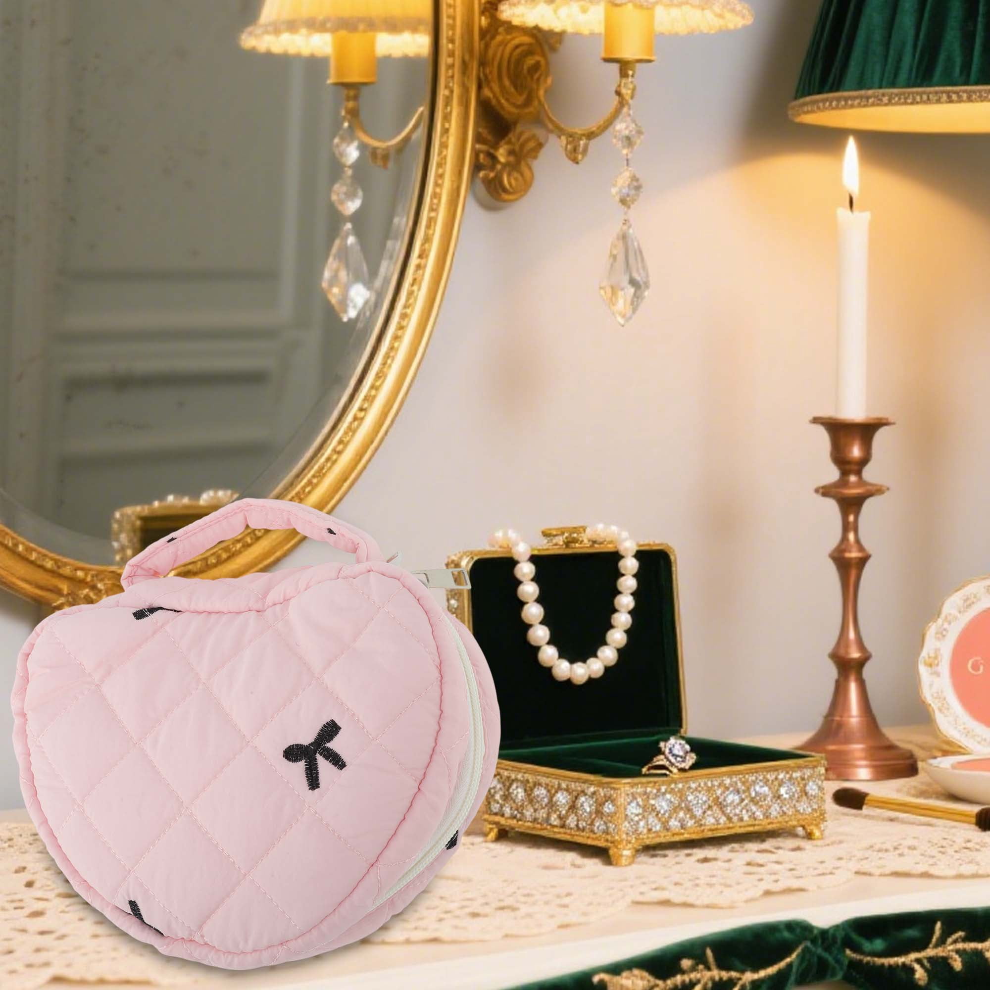 Unique Bargains 1 Pc Heart-shaped Embroidered Bow Makeup Bag Pink
