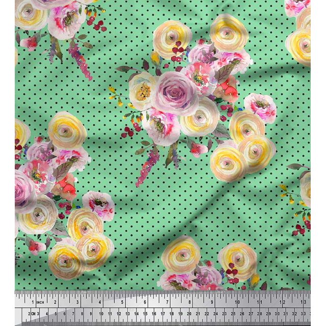 Soimoi Green polyester Crepe Fabric Dot,Yellow & Pink Floral Decor Fabric Printed BTY 52 Inch Wide