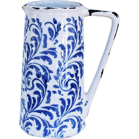 Ceramic Blue and White Floral Pitcher or Vase (Blue and White-Feather Print)