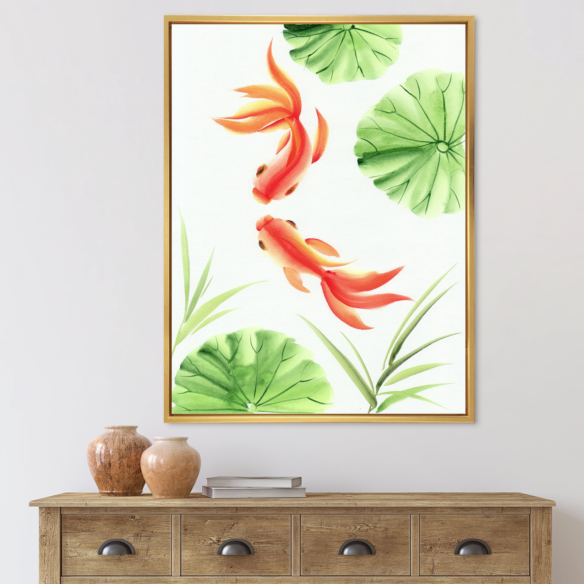 The Lotus Leaves With Goldfishes 12 in x 20 in Framed Painting Canvas Art Print, by Designart