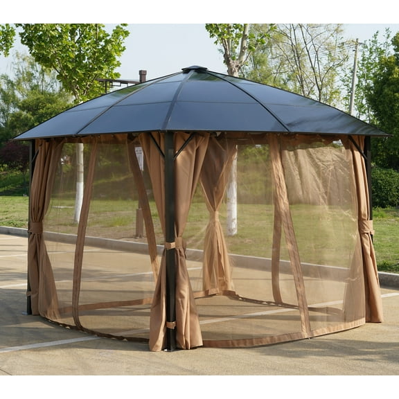 MF Studio 10' x 10' Outdoor Hardtop Gazebo Polycarbonate Roof Patio Gazebo with Netting and Curtains Brown