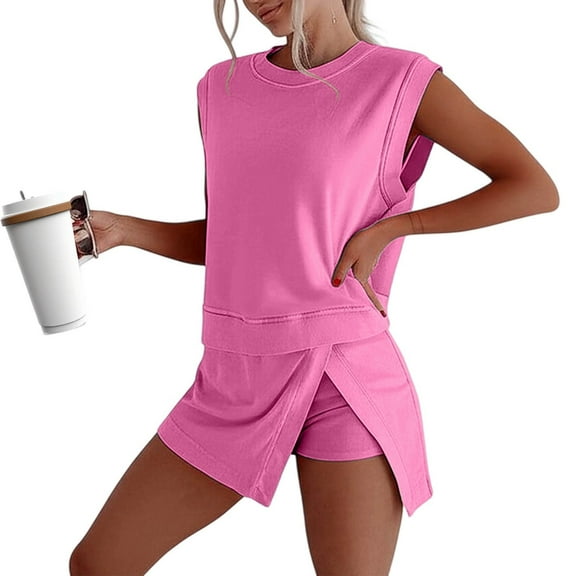 Women 2 Pcs Outfits Shorts Tank Top and Skort Lined Split Athletic Skirt Set (Hot Pink XL)