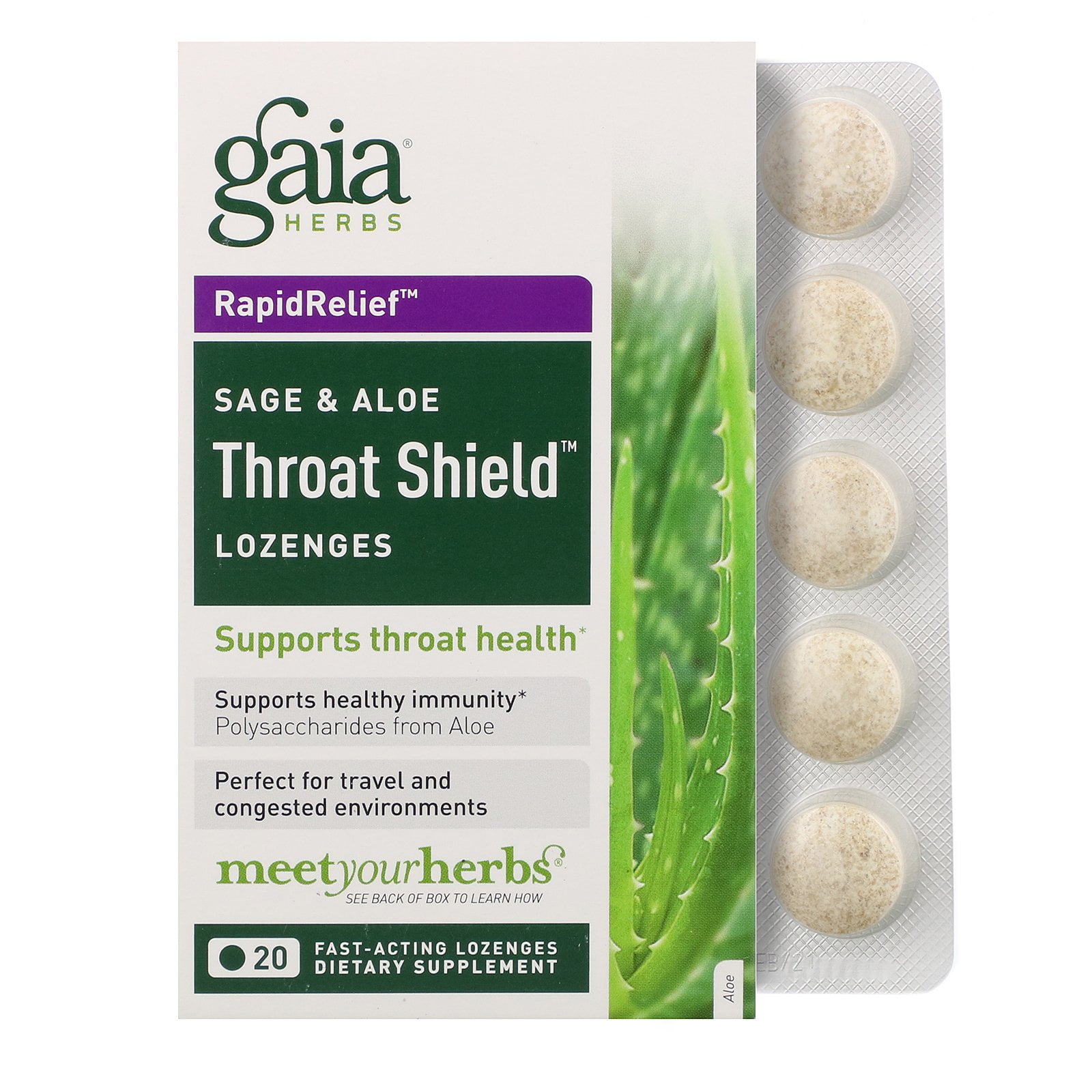 Gaia Herbs Throat Shield Lozenges Sage Aloe 20 FastActing Lozenges