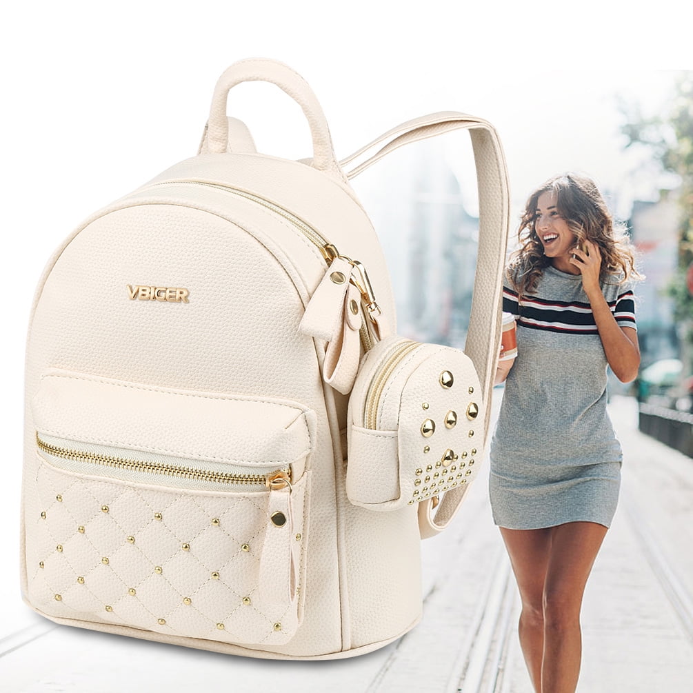 2 in 1 PU Leather Backpack for Women Trendy Travel Shoulders Bag Chic Outdoor Daypack Casual School Backpack with Hanging Pouch Rivets Decoration Beige Walmart