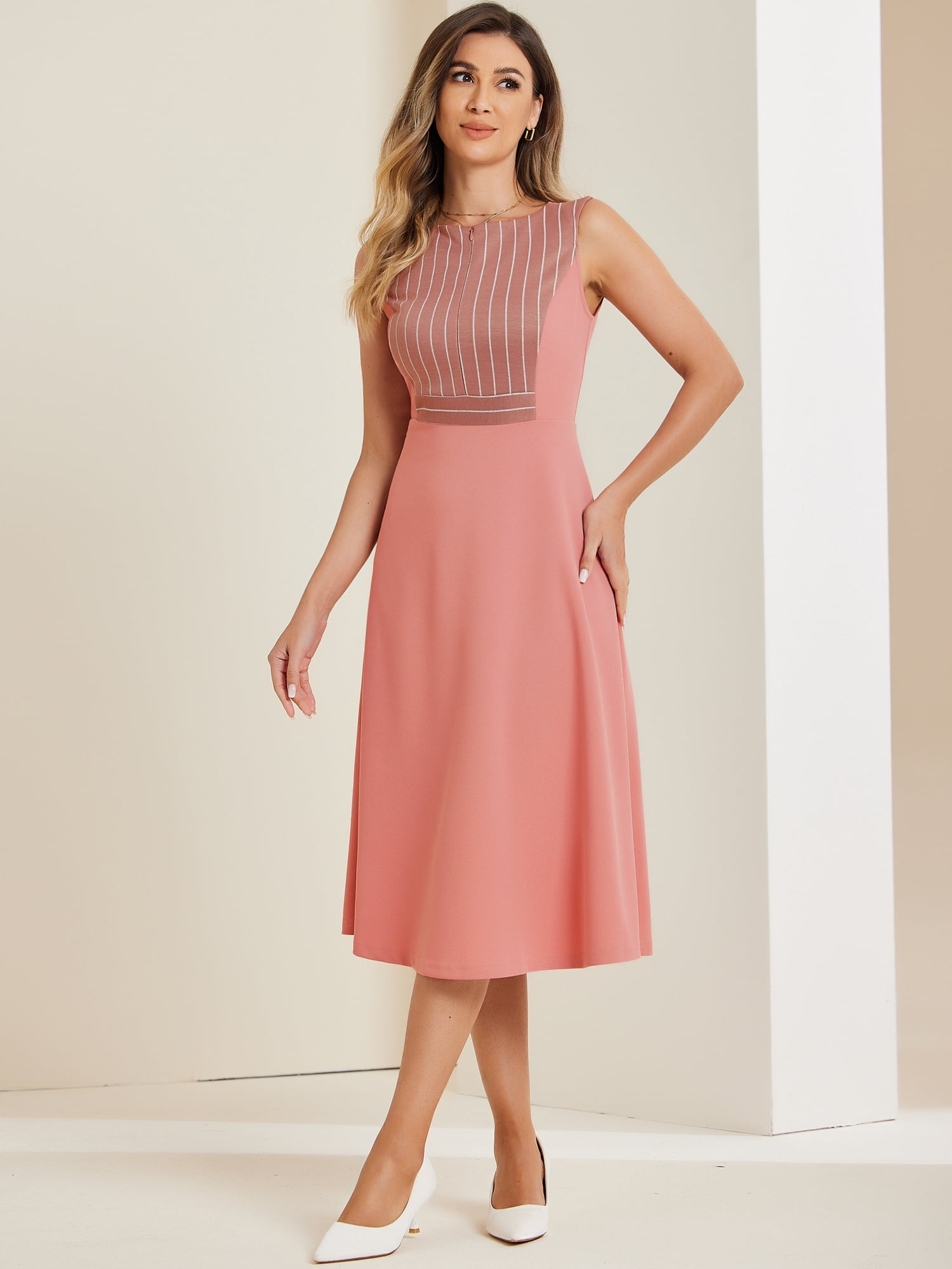 DARING DIVA Striped Crew Neck Sleeveless Midi Work Office Dress M Pink