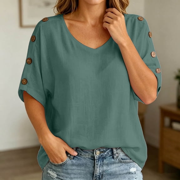 Casual Loose Fit Button Up Blouse Tunic Short Sleeve Summer Shirt with Pocket for Women - Versatile Everyday Outfit Easy Care and, L, Dark Green