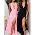 thumbnail image 6 of Womens Halter Deep V Neck Maxi Dress Sleeveless Backless Split Long Dress Pink L, 6 of 8
