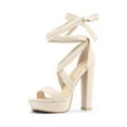 thumbnail image 1 of BLISSFUL STEP Women's Lace Up Platform Block Heel Sandals Beige (Size 7), 1 of 8