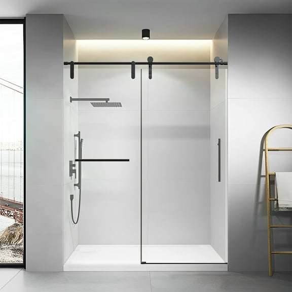 56-60" W * 76" H Frameless Single Sliding Shower Doors , Bathroom Sliding Shower Door With Towel Rail And Auxiliary Handle, 5/16" (8mm) Thick SGCC Tempered Glass Door