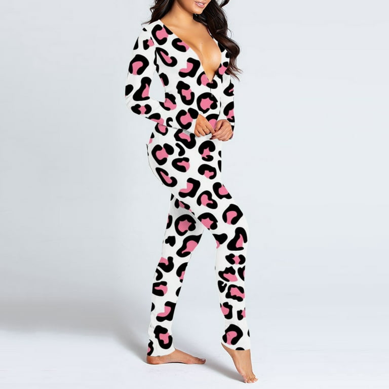 purcolt Womens Sexy Print Onesies Butt Flap Pajamas Ladies Deep V Neck Long  Sleeve Button-down Front Functional Jumpsuit Sleepwear Autumn Winter Plus  Size Rompers Bodycon Nightwear(Pink,XXL) 