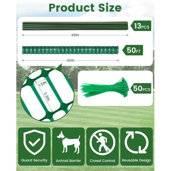 Temporary Fence, Snow Fence, 40" x50' Plastic Mesh with 13-Pack Steel Stakes for Outdoor Dog & Animal Barrier