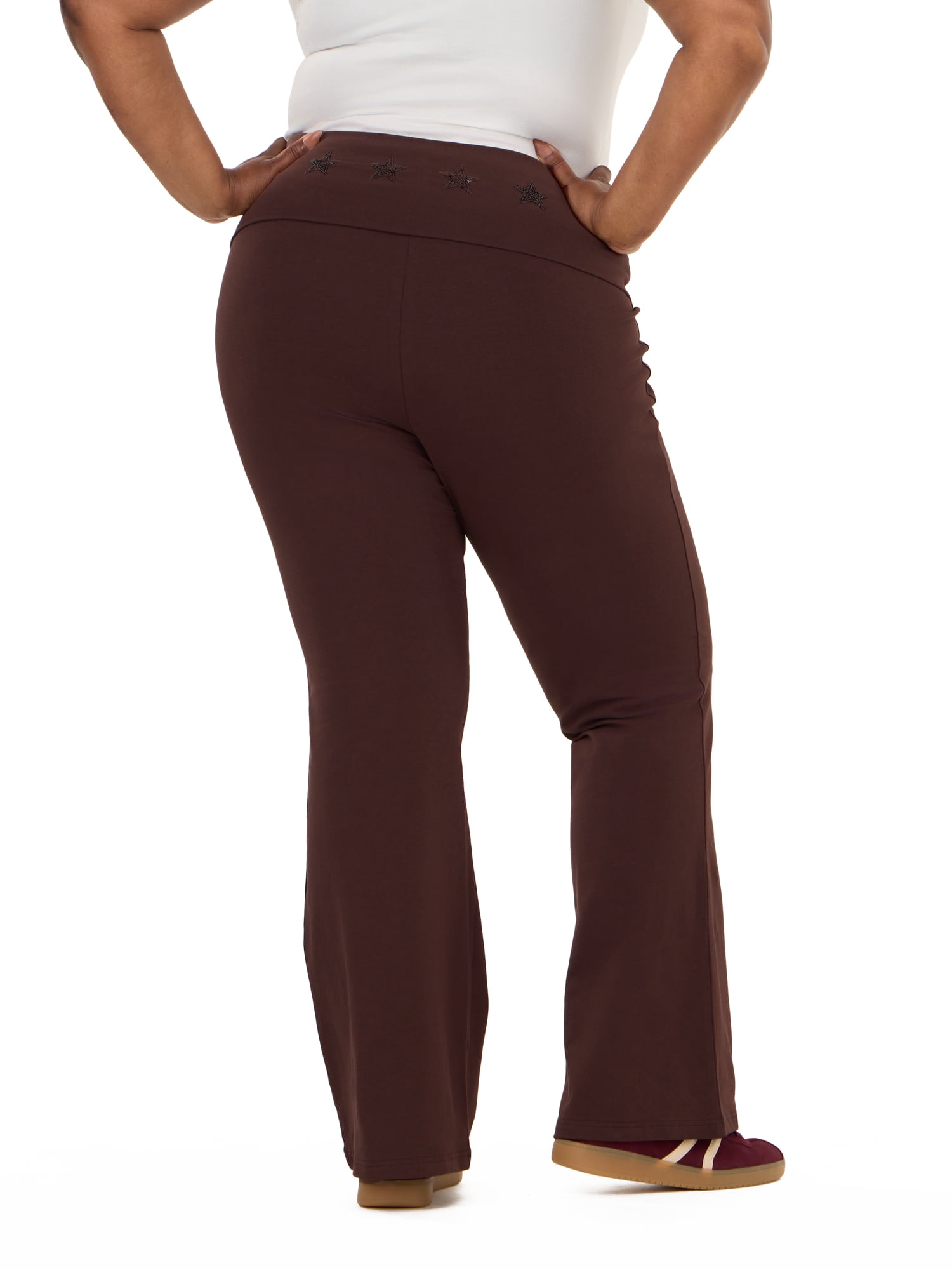 Forever 21 Women's Jersey Fold Over Waist Pants with Graphic Detail, Flare Leg Lounge Pants, Stretch Casual Everyday Comfort Style, Brown, XXS-4X
