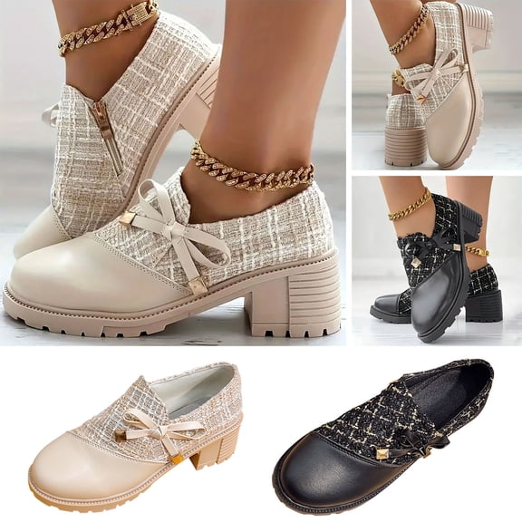 Women's Bowknot Decor Chunky Heel Short Boots, Elegant Tweed Patched Side Zipper Boots, Comfortable Ankle BootsBeige qILAKOG Size 9