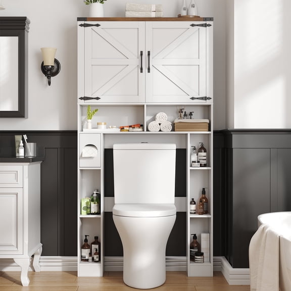 Vabches 35" W Over The Toilet Storage Cabinet with Toilet Paper Holder, Space-Saving Toilet Organizer with Shelves, White