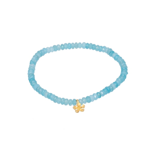 Blue Beaded Stretch Bracelet With Goldtone Floral Charm