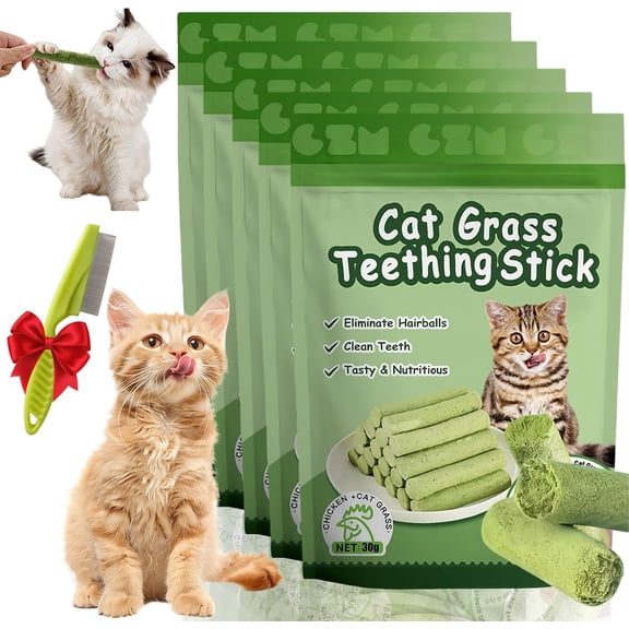 30g Cat Grass Sticks, 2026 New Cat Grass Teething Sticks for Indoor Cats, Edible Cat Chew Toy Cat Treats Snack for Teeth Cleaning and Hairball Removal (5-Pack)