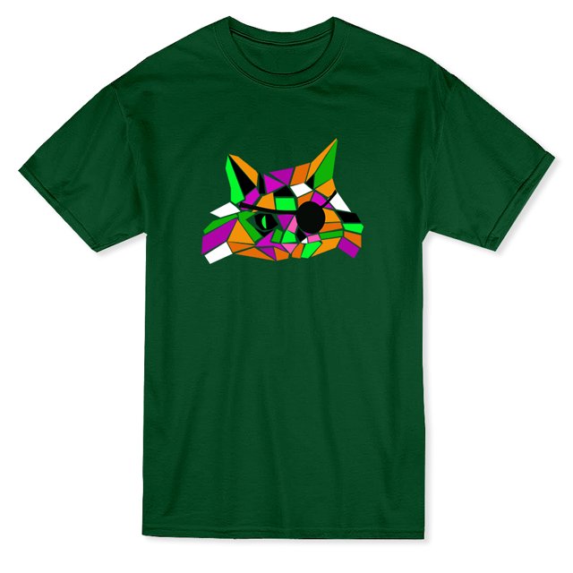 T-shirt Vert Forêt pour Homme avec Graphique de Verre Coloré et Visage de Chat Pirate Mignon
