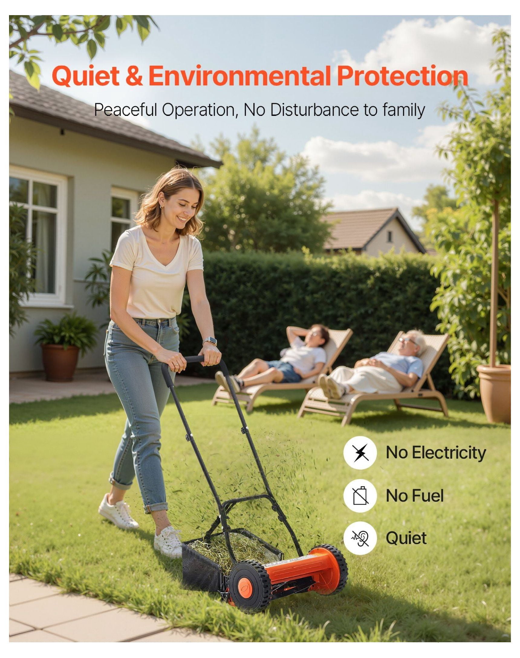 16" Manual Reel Lawn Mower - 5-Blade Push Mower, Adjustable Height, Grass Catcher, 2-Wheel - Eco-Friendly Lawn Care