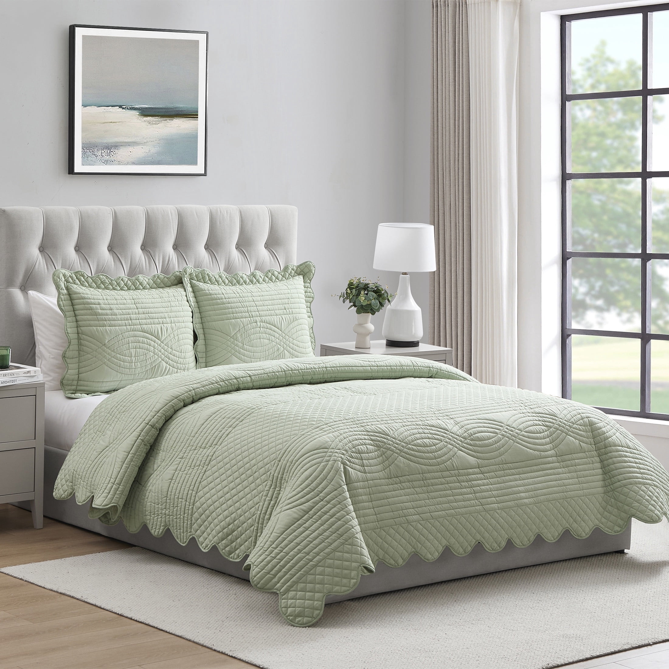 VCNY Home Green Scallop 2-Piece Adult Microfiber Quilt Set, Twin