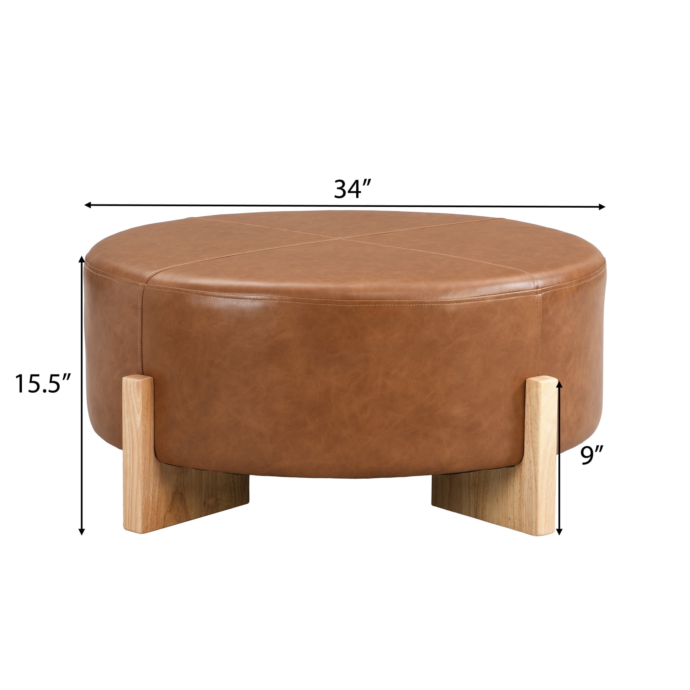 Christopher Knight Home Modern 34" Round PU Leather Ottoman with Solid Wood Legs, Multi-Functional Footstool & Coffee Table, Brown