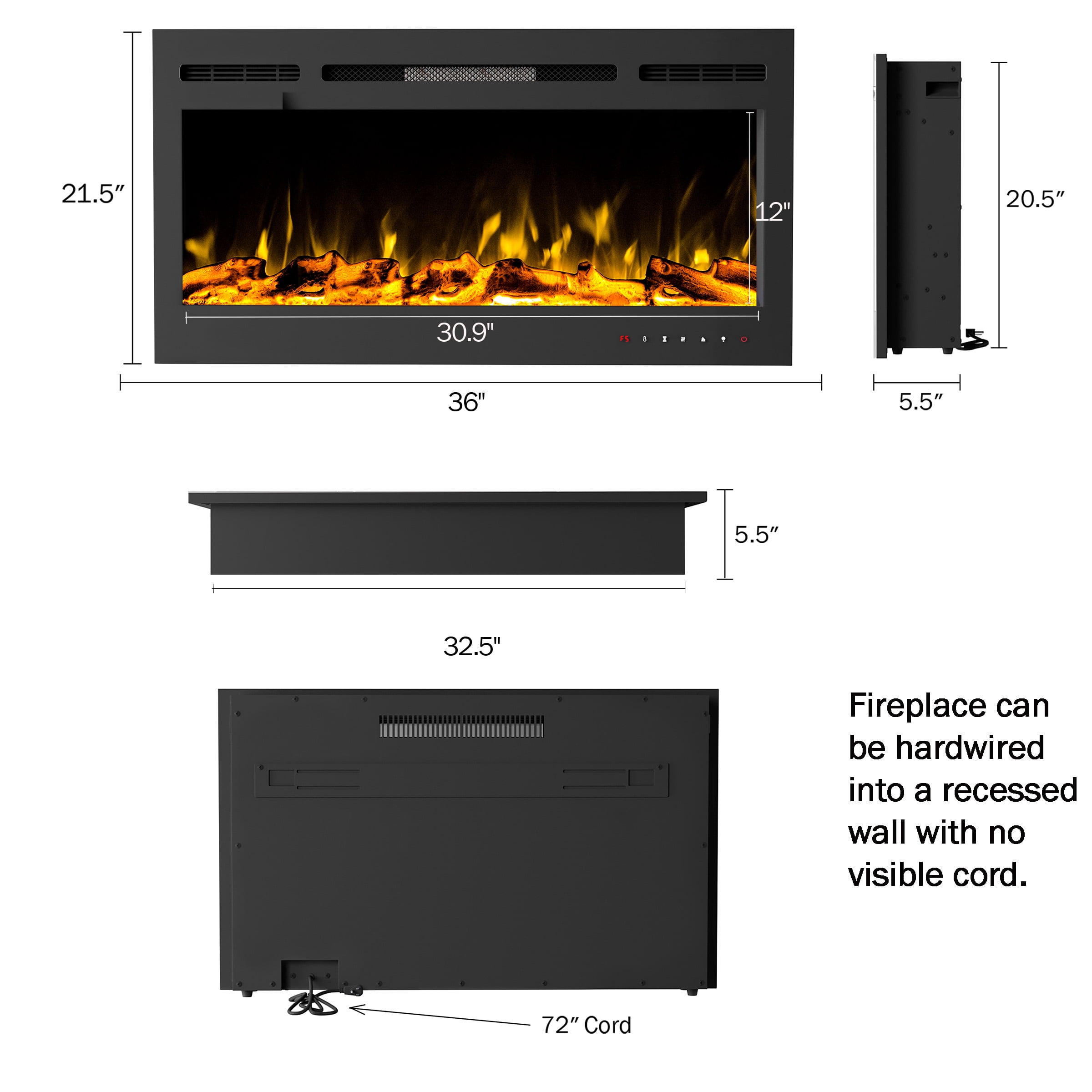 Somerset Home 36” Wall Mount Electric Fireplace (Black)