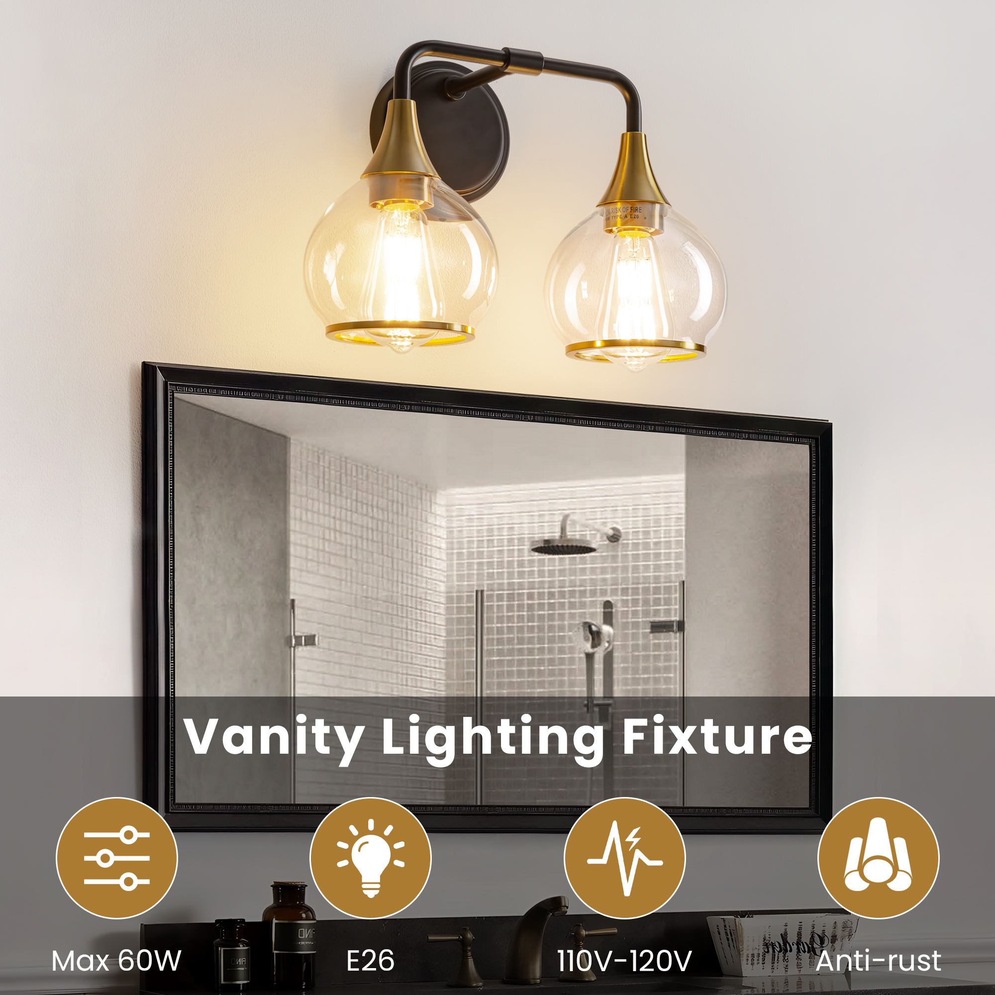 KAISITE 2-Light Black and Gold Modern Dimmable Vanity Lights with Globe Glass