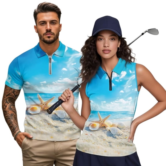 Aplkyhs Matching Golf Shirts for Couple Starfish Shell Quarter Zip Couple Golf Matching Outfits Breathable Fabric Mens Hawaiian Shirt Keep Cool in Hot Weather Machine Washable
